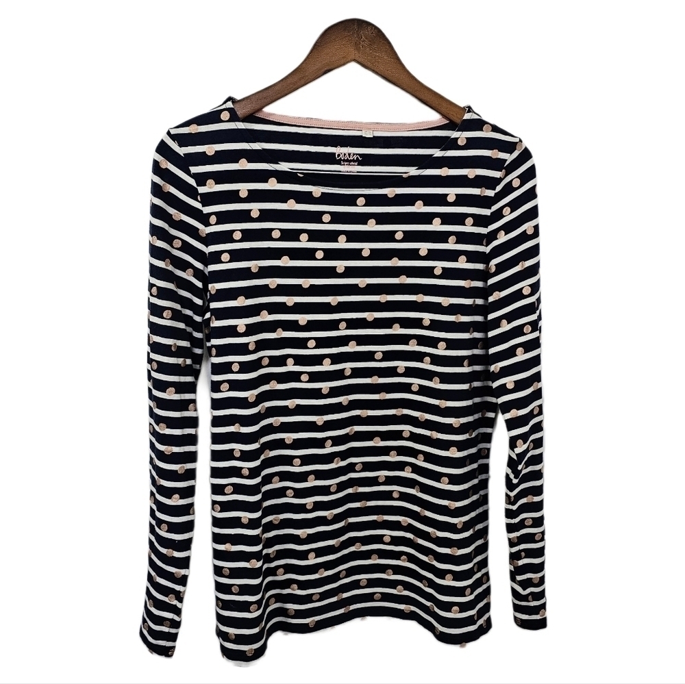 Boden polka dot stripe gold white blue long sleeve round neck top size 10
